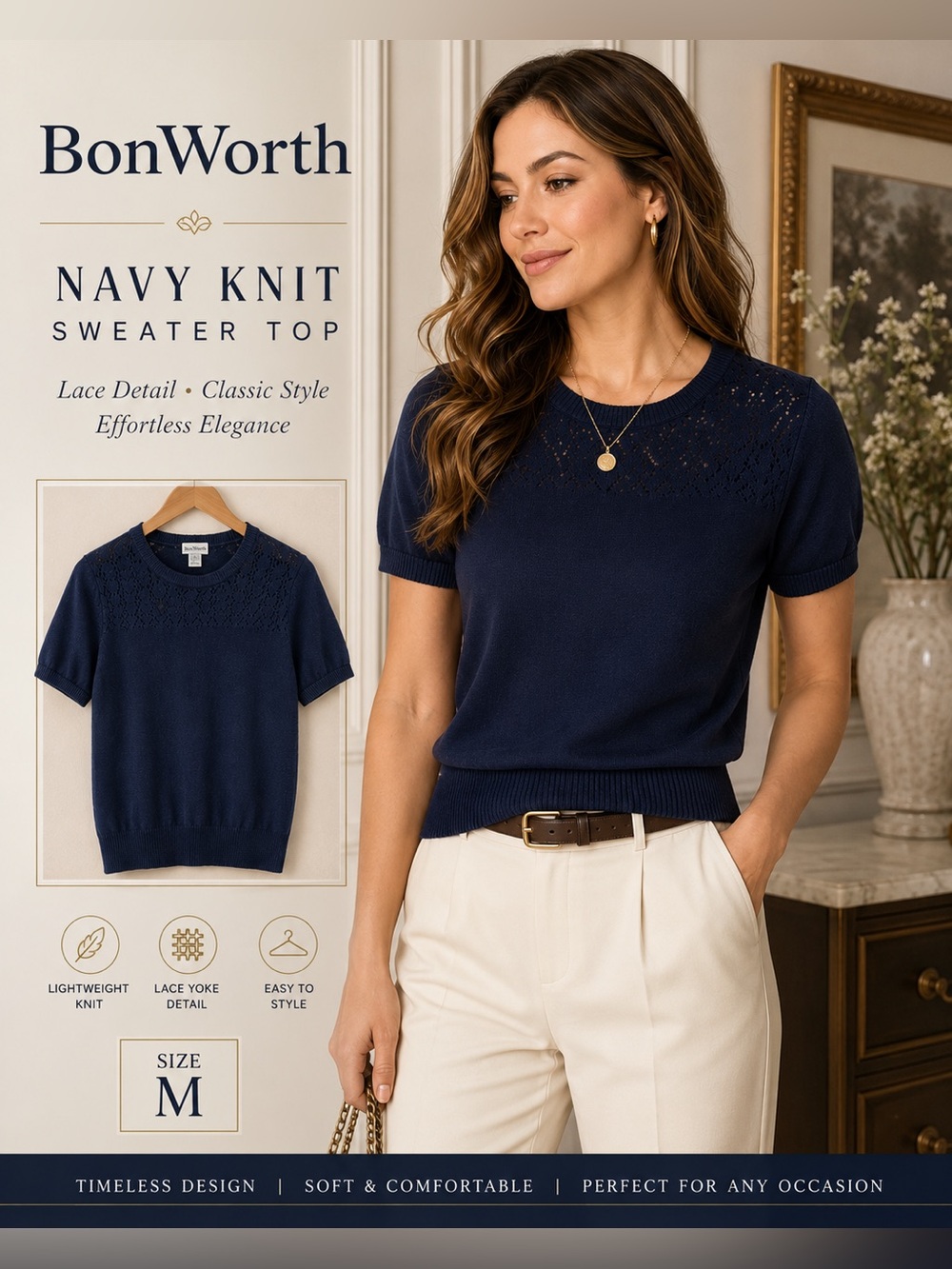 BonWorth Navy Blue Short Sleeve Knit Sweater Top Size Medium Lace Detail